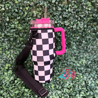 40oz Tumbler Sleeve Handle Shabby Chic Boutique and Tanning Salon Black and White Checkered