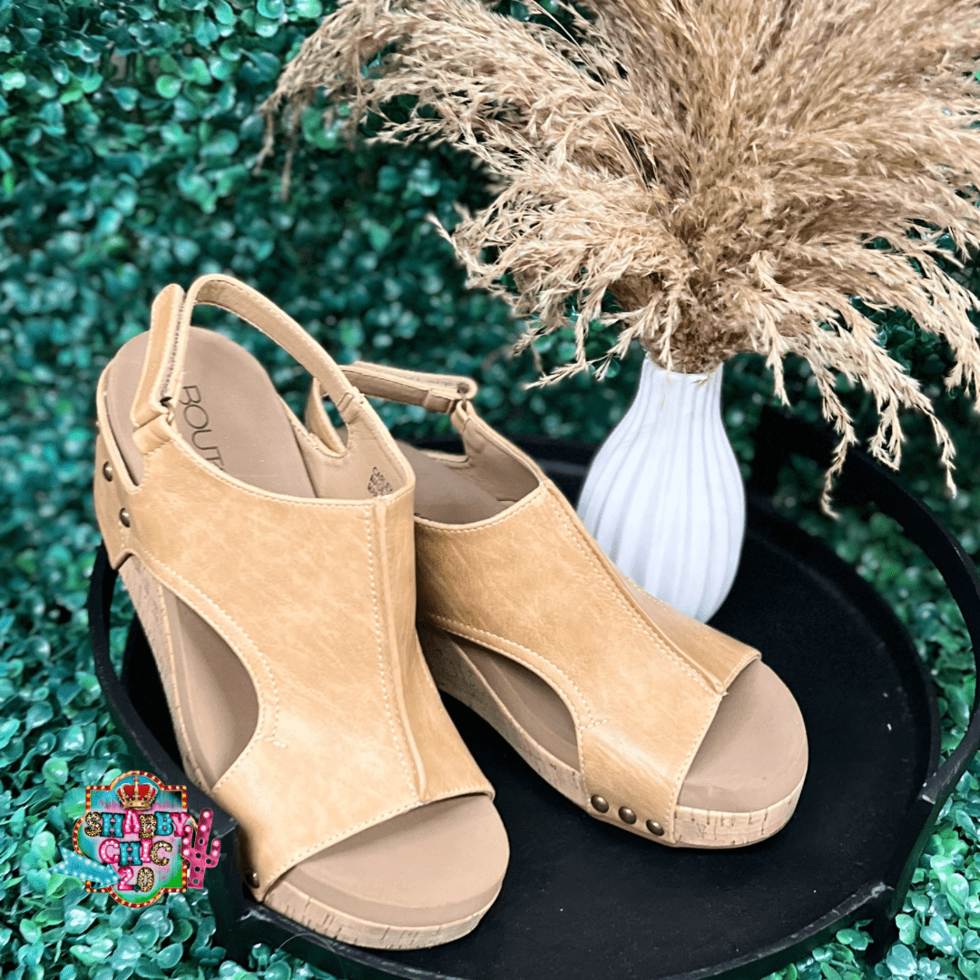Carley Wedges Caramel Smooth Shabby Chic Boutique and Tanning Salon