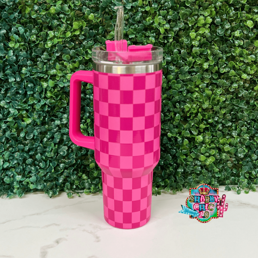 Checkered 40oz Tumbler Shabby Chic Boutique and Tanning Salon Light Pink/Hot Pink