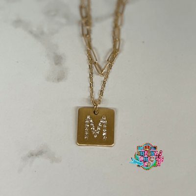 Gold and Rhinestone Initial Necklace Shabby Chic Boutique and Tanning Salon M