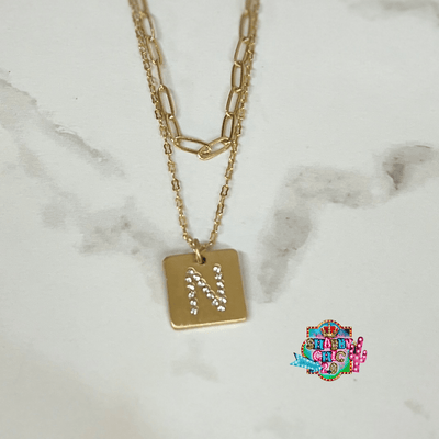 Gold and Rhinestone Initial Necklace Shabby Chic Boutique and Tanning Salon N