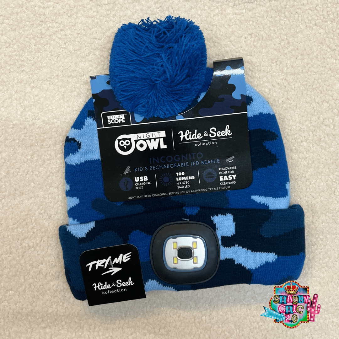 Night Scope Rechargeable LED Beanie Shabby Chic Boutique and Tanning Salon Blue Camo with Pom
