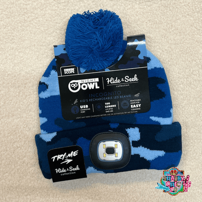 Night Scope Rechargeable LED Beanie Shabby Chic Boutique and Tanning Salon Blue Camo with Pom