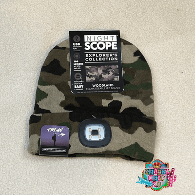Night Scope Rechargeable LED Beanie Shabby Chic Boutique and Tanning Salon Woodland Camo