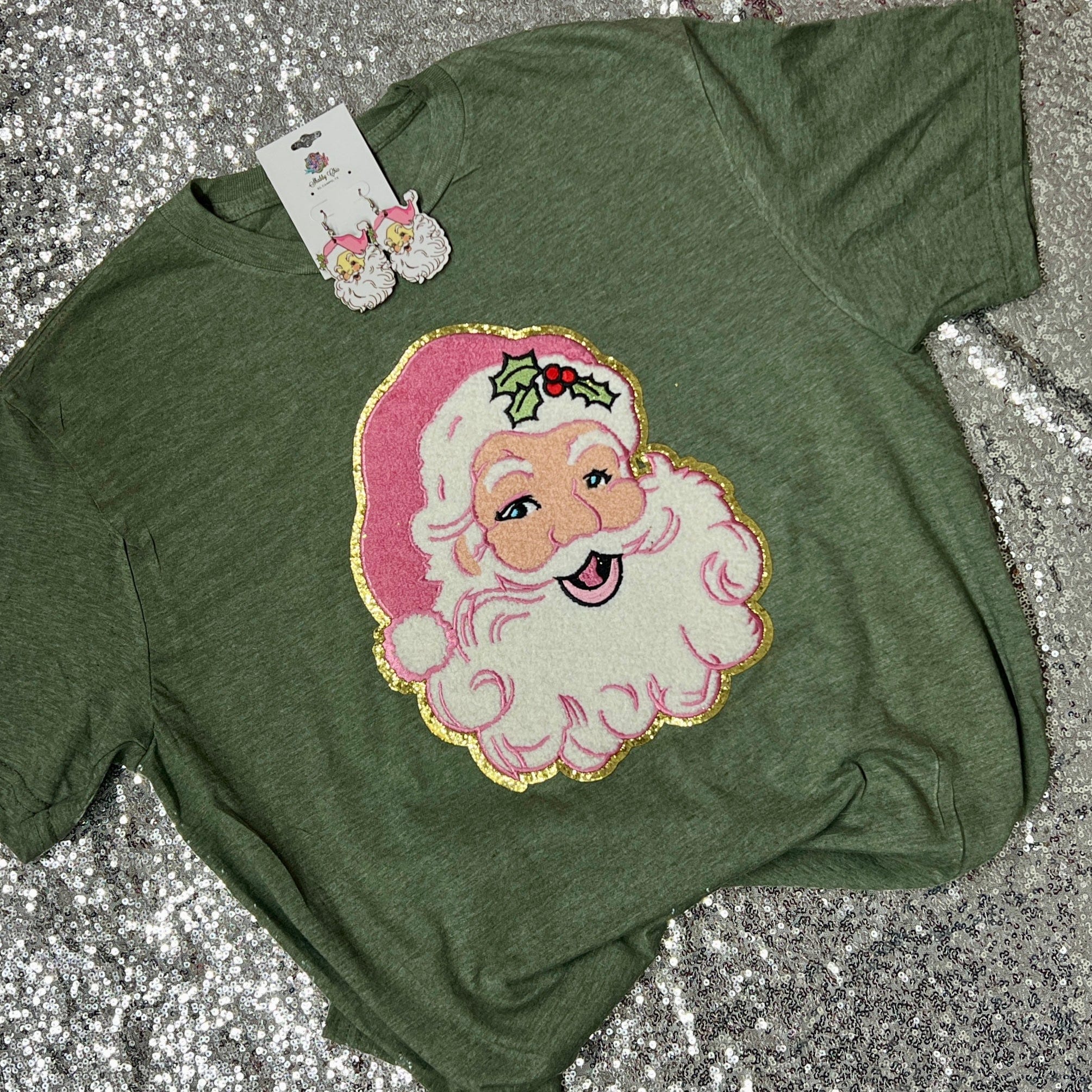 Santa Chenille Patch Black V-Neck Tee