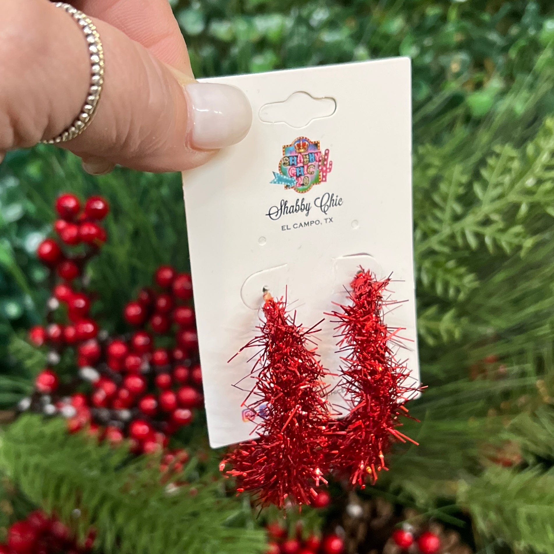 Red Tinsel Earrings Shabby Chic Boutique and Tanning Salon