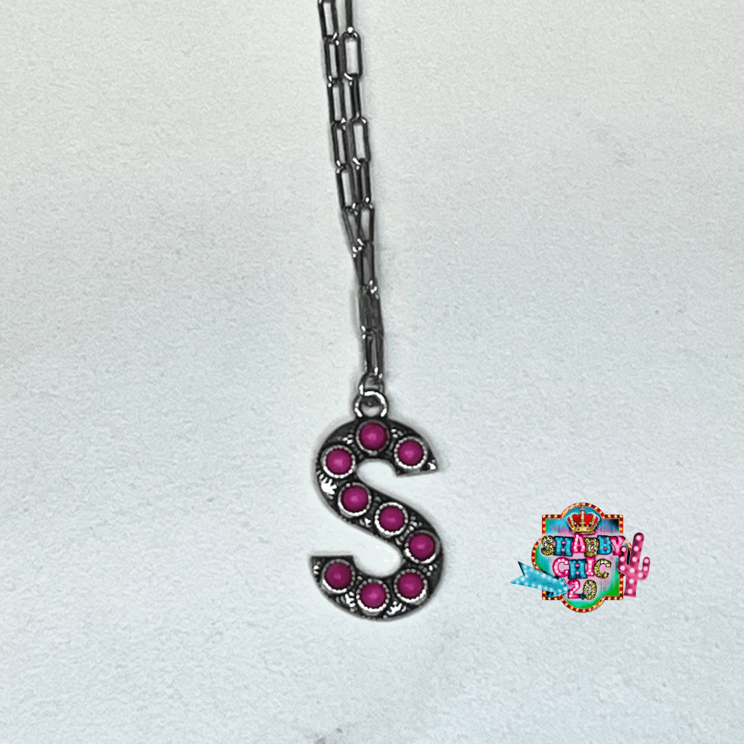 Silver with Pink Initial Necklace Shabby Chic Boutique and Tanning Salon