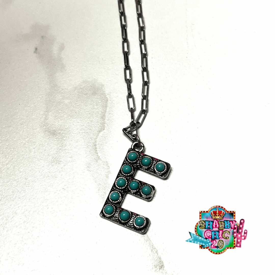 Silver with Turquoise Initial Necklace Shabby Chic Boutique and Tanning Salon E