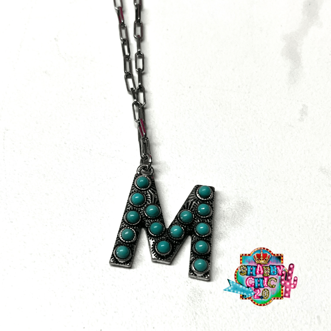 Silver with Turquoise Initial Necklace Shabby Chic Boutique and Tanning Salon M