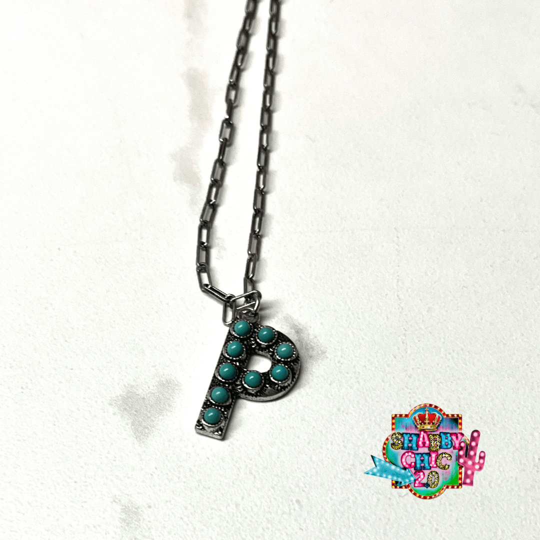 Silver with Turquoise Initial Necklace Shabby Chic Boutique and Tanning Salon P