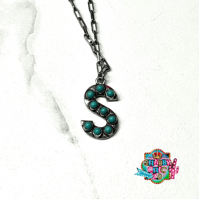 Silver with Turquoise Initial Necklace Shabby Chic Boutique and Tanning Salon S