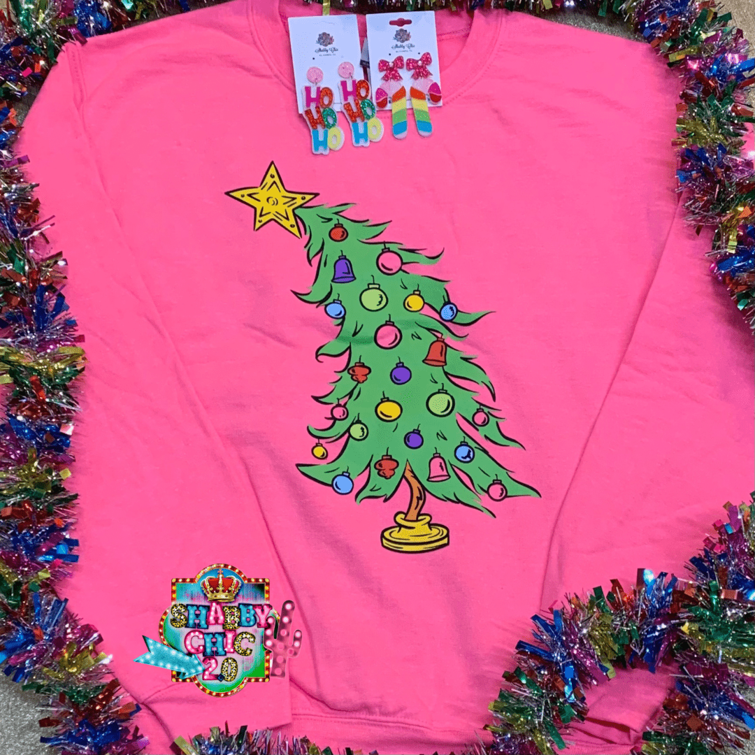 Tilted Christmas Tree Crewneck Shabby Chic Boutique and Tanning Salon