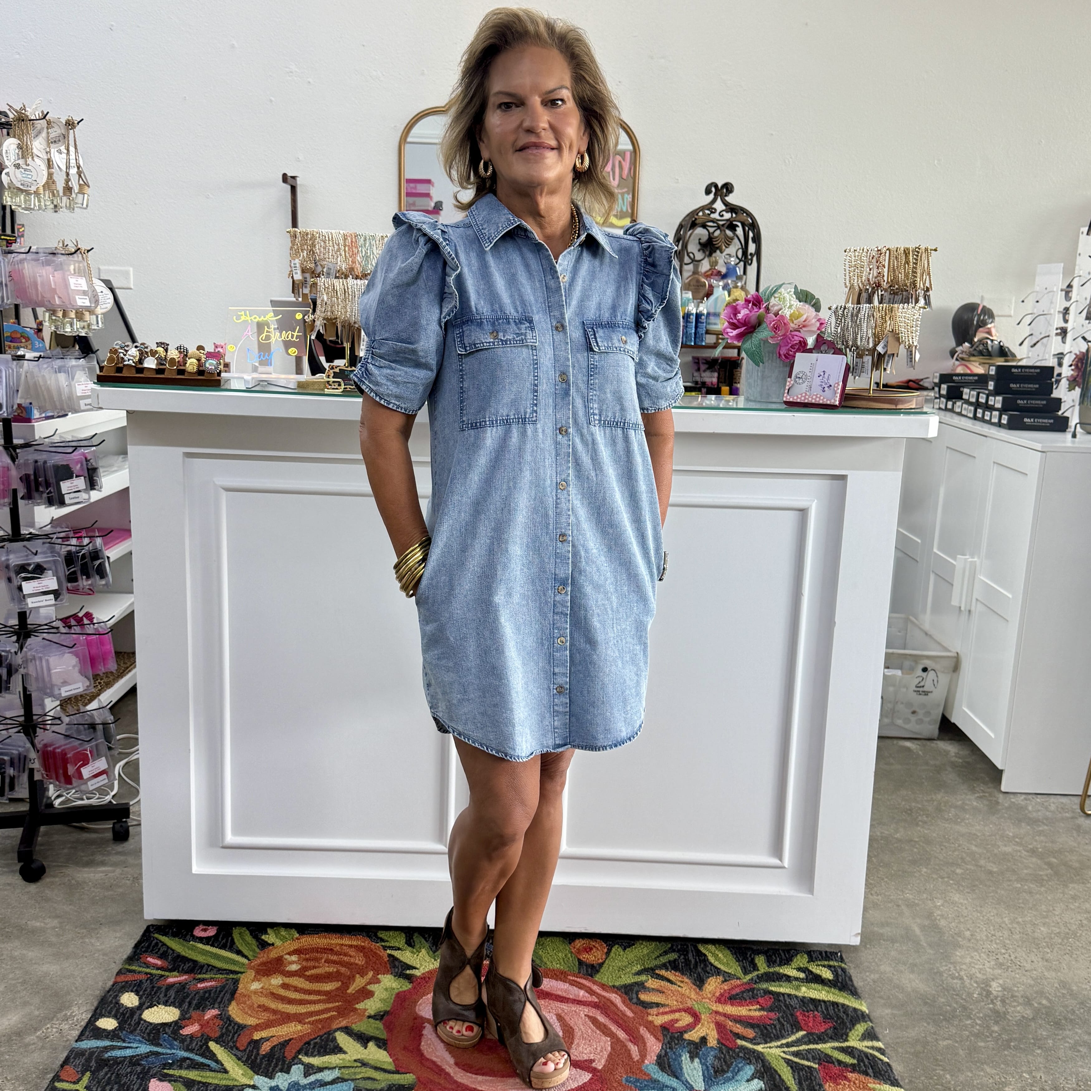 Very J Light Blue Denim Mini Dress with Ruffle Shoulders – Shabby Chic Boutique and Tanning Salon