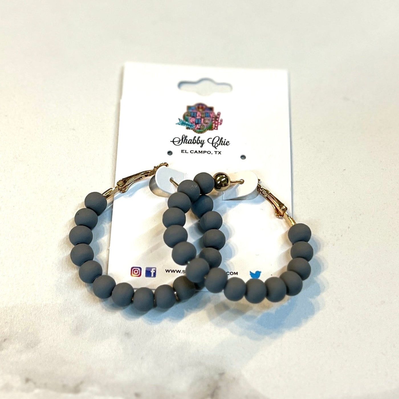 1.75inch Beaded Clay Hoop Earrings Shabby Chic Boutique and Tanning Salon Gray