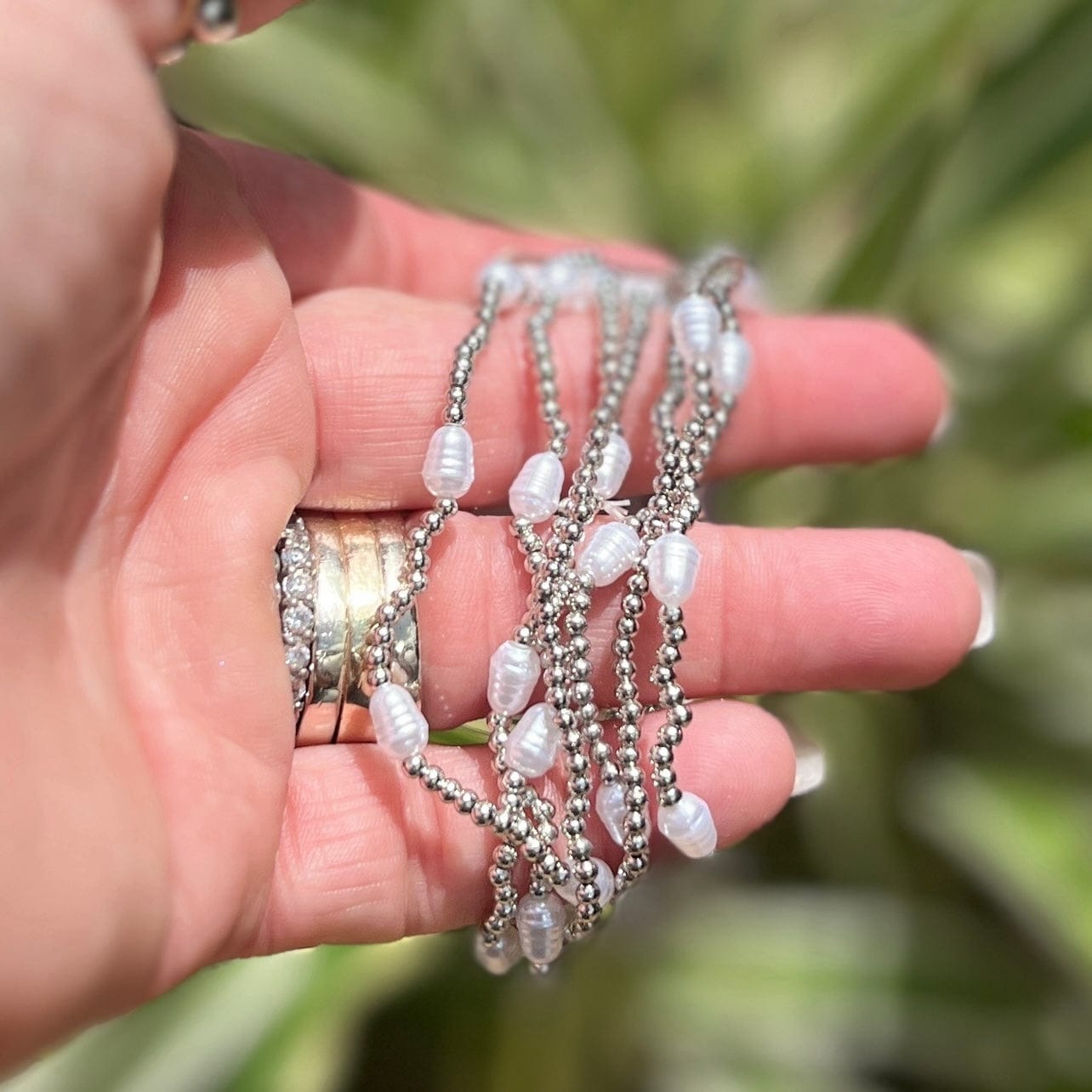 3mm Silver with Pearls Stretch Bracelet Shabby Chic Boutique and Tanning Salon