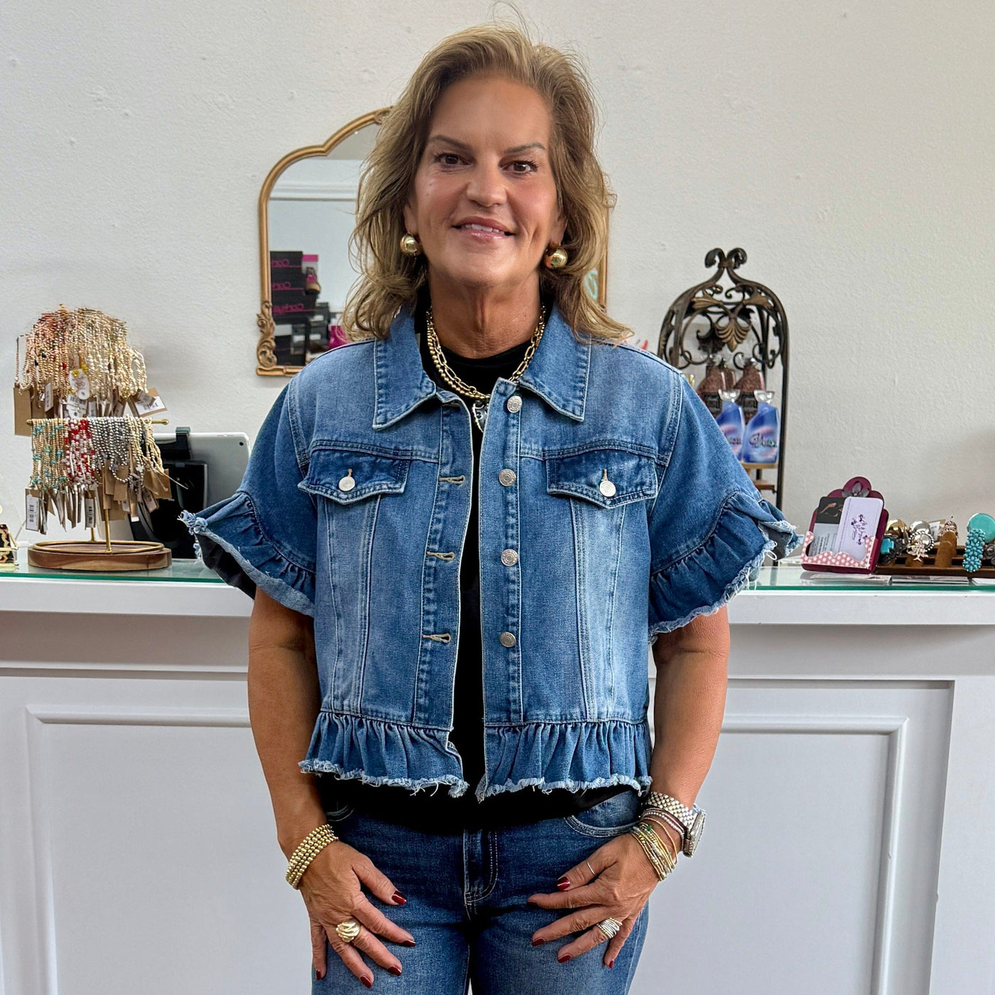 Adult Ruffle Denim Jacket Shabby Chic Boutique and Tanning Salon