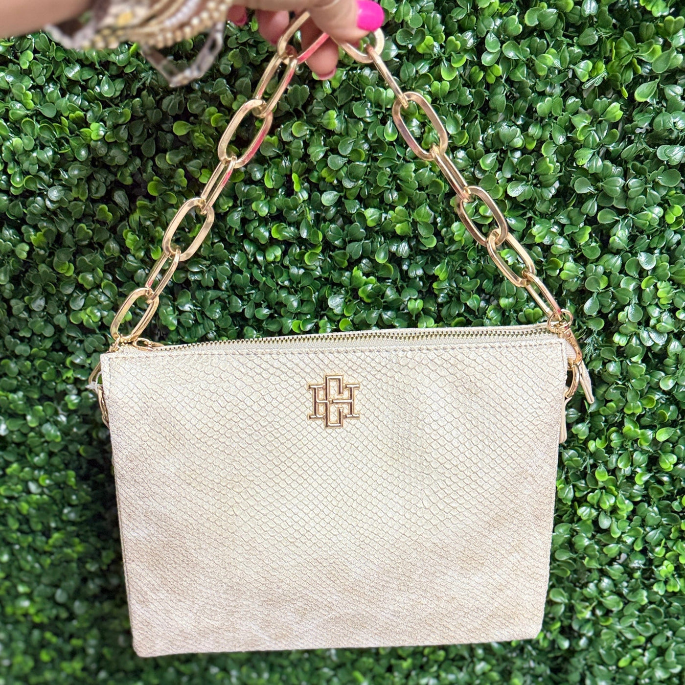 Ariana Crossbody Shimmer Champagne Shabby Chic Boutique and Tanning Salon