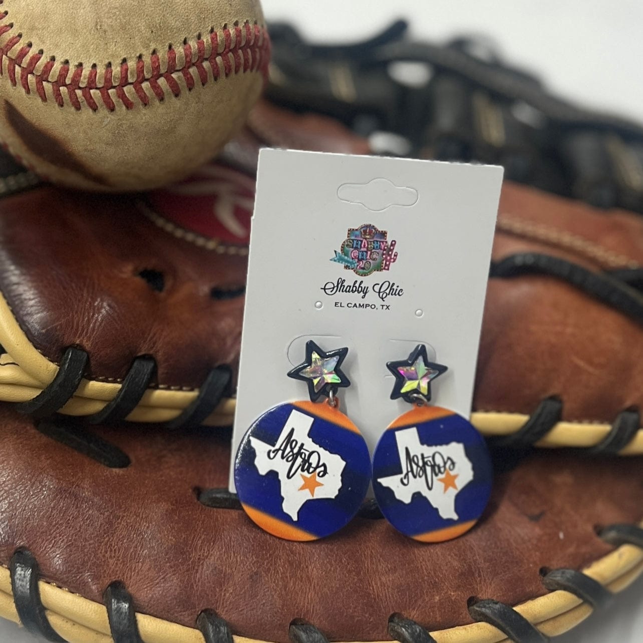 Baseball Team Earrings Shabby Chic Boutique and Tanning Salon Navy with Orange Dangle with Stars