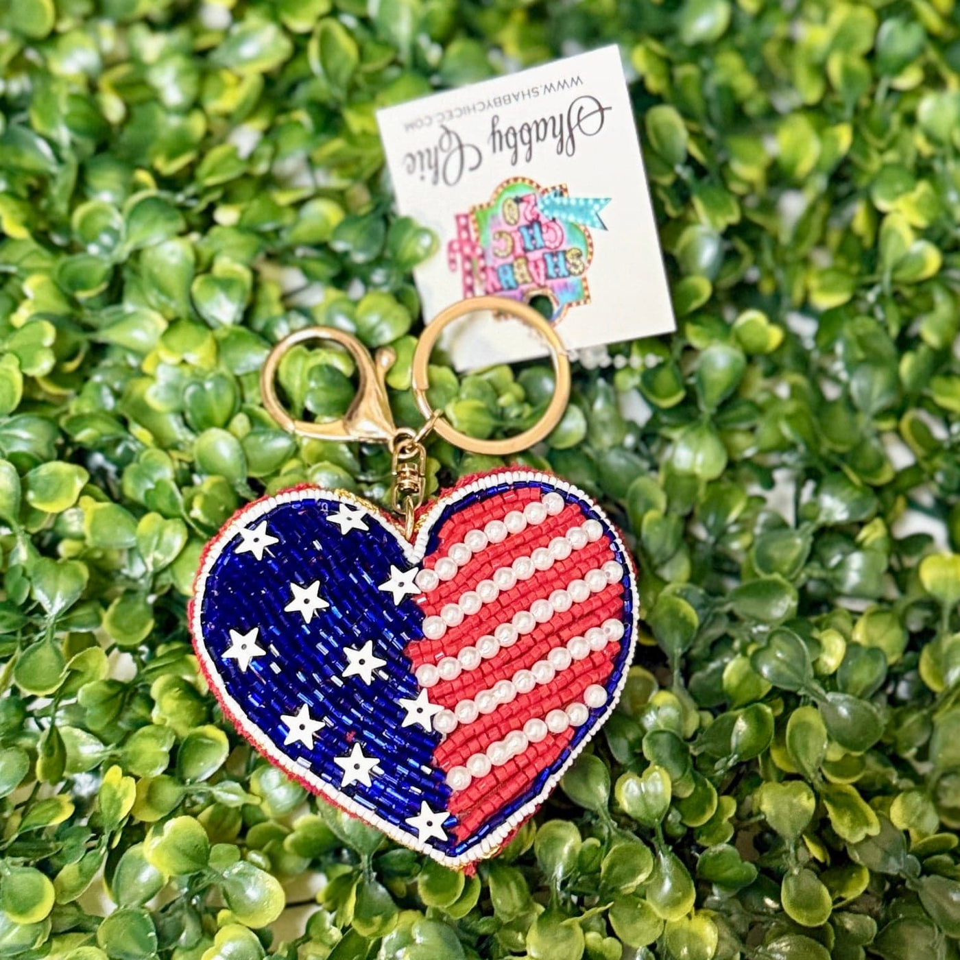 Beaded Charm Keyrings Shabby Chic Boutique and Tanning Salon USA Flag Heart