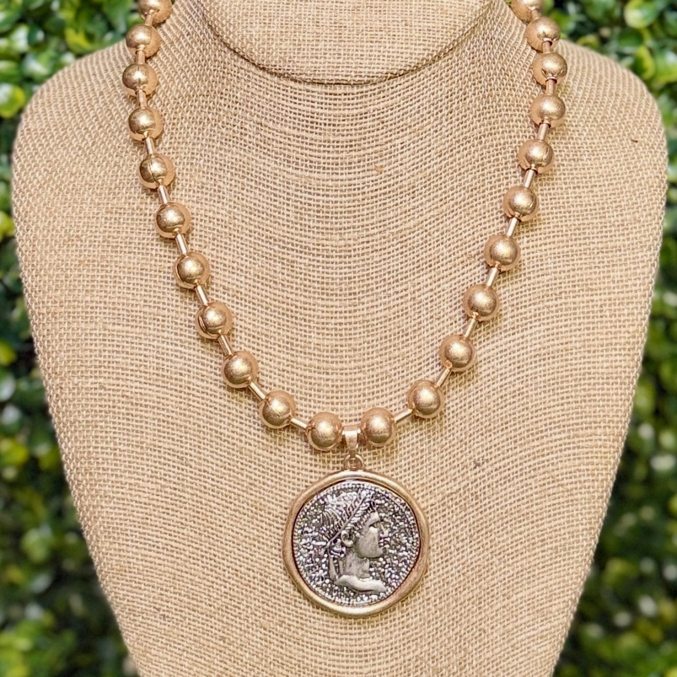 Beaded Goldtone Coin Necklace Shabby Chic Boutique and Tanning Salon