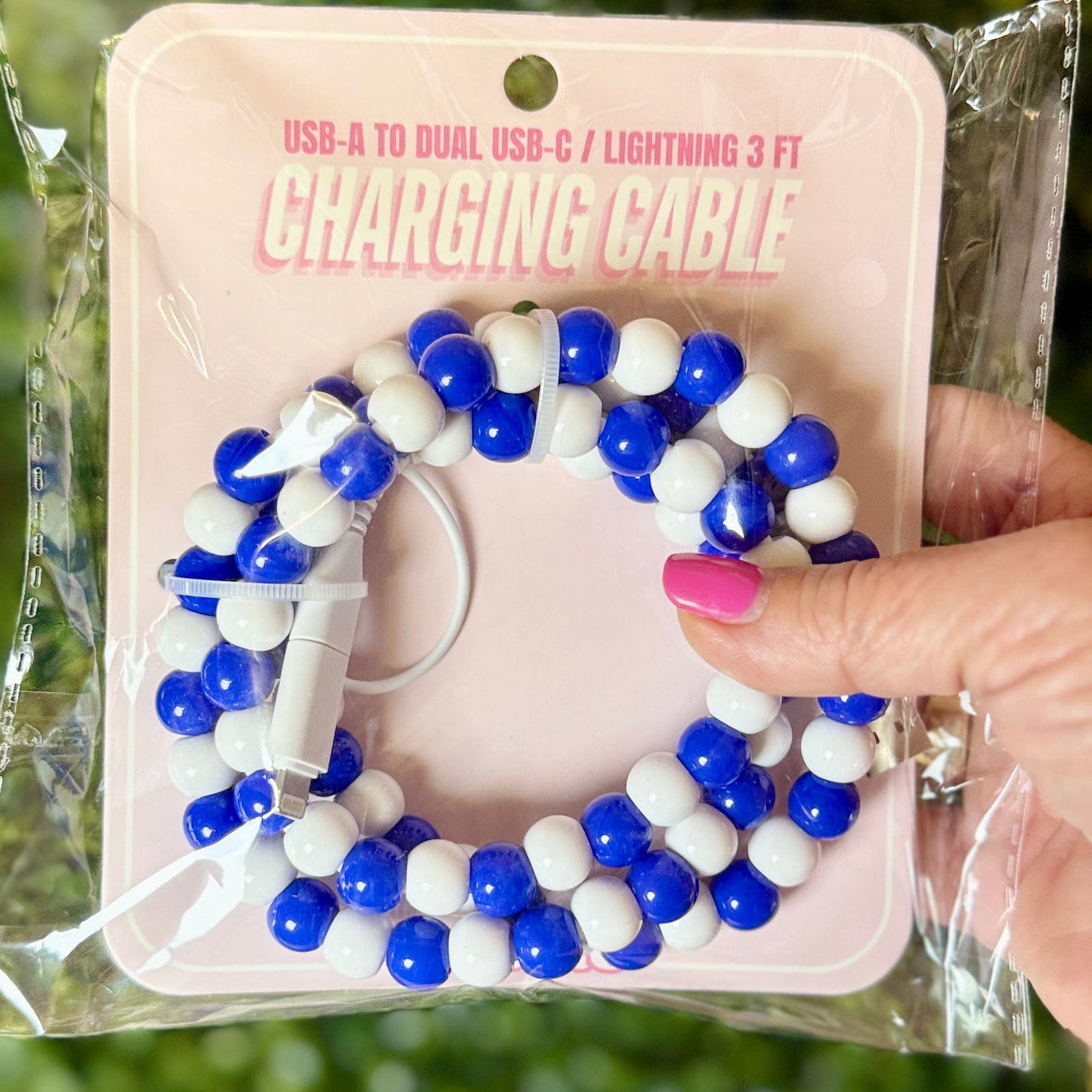 Beaded Phone Chargers Shabby Chic Boutique and Tanning Salon Blue and White