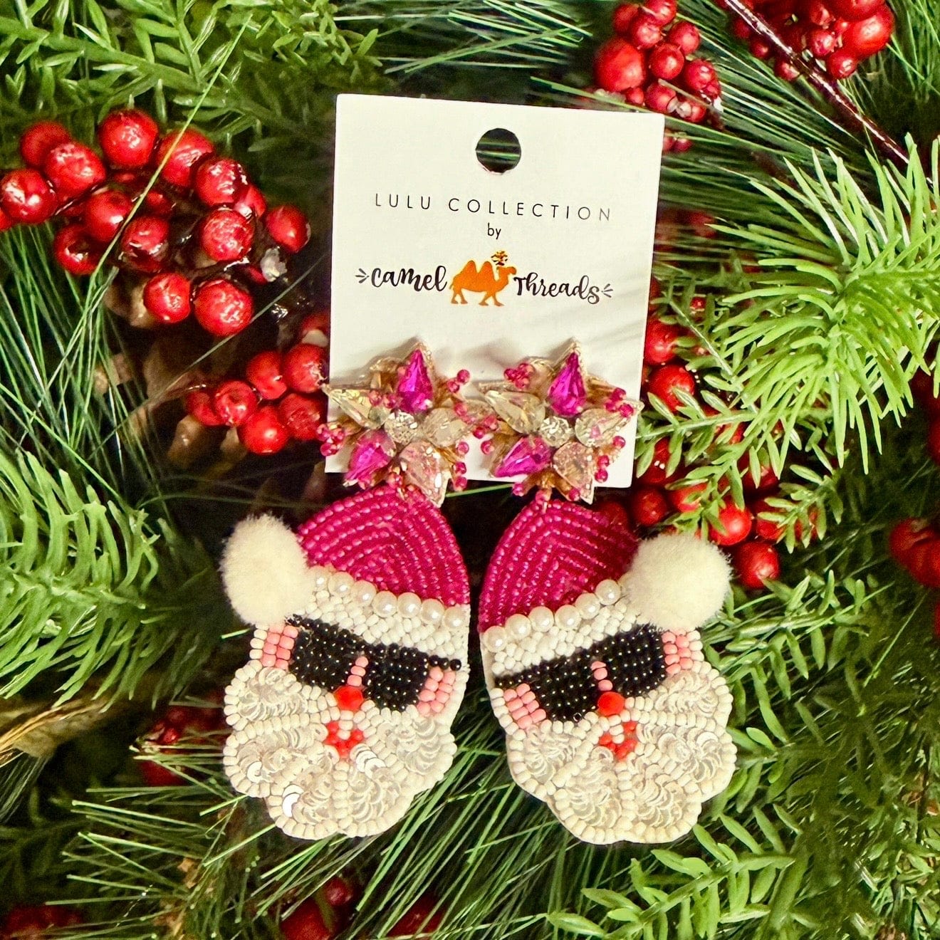 Beaded Pink Santa Earrings Shabby Chic Boutique and Tanning Salon