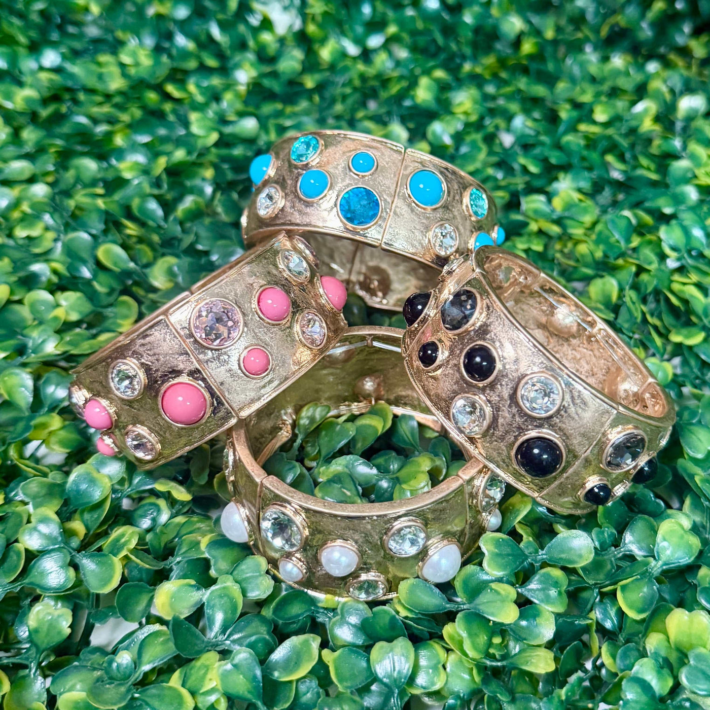 Bejeweled Stretch Bracelets - Goldtone Shabby Chic Boutique and Tanning Salon