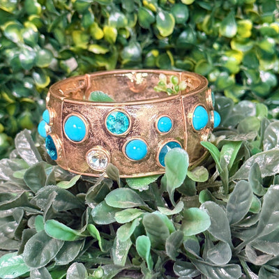 Bejeweled Stretch Bracelets - Goldtone Shabby Chic Boutique and Tanning Salon Blue Stones