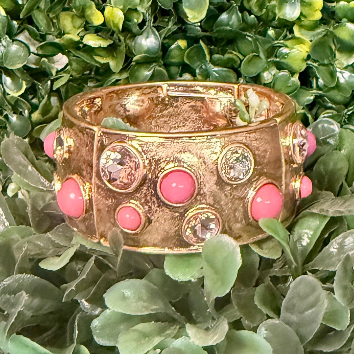 Bejeweled Stretch Bracelets - Goldtone Shabby Chic Boutique and Tanning Salon Pink Stones