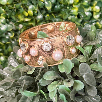 Bejeweled Stretch Bracelets - Goldtone Shabby Chic Boutique and Tanning Salon White Stones