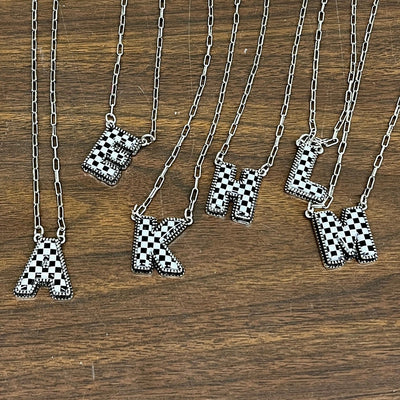 Black and White Checkered Initial Necklace Shabby Chic Boutique and Tanning Salon