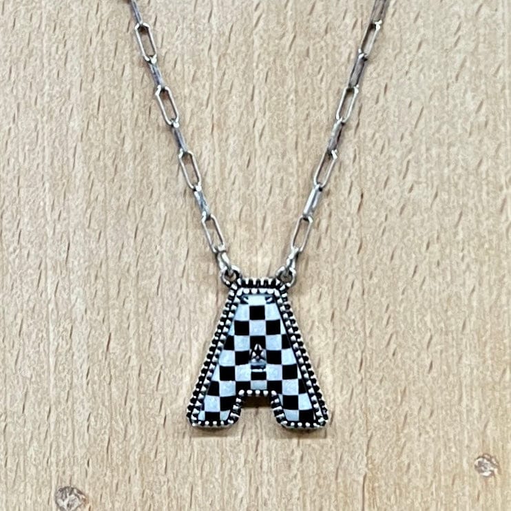 Black and White Checkered Initial Necklace Shabby Chic Boutique and Tanning Salon A