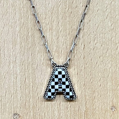 Black and White Checkered Initial Necklace Shabby Chic Boutique and Tanning Salon A
