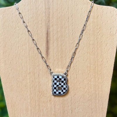 Black and White Checkered Initial Necklace Shabby Chic Boutique and Tanning Salon B