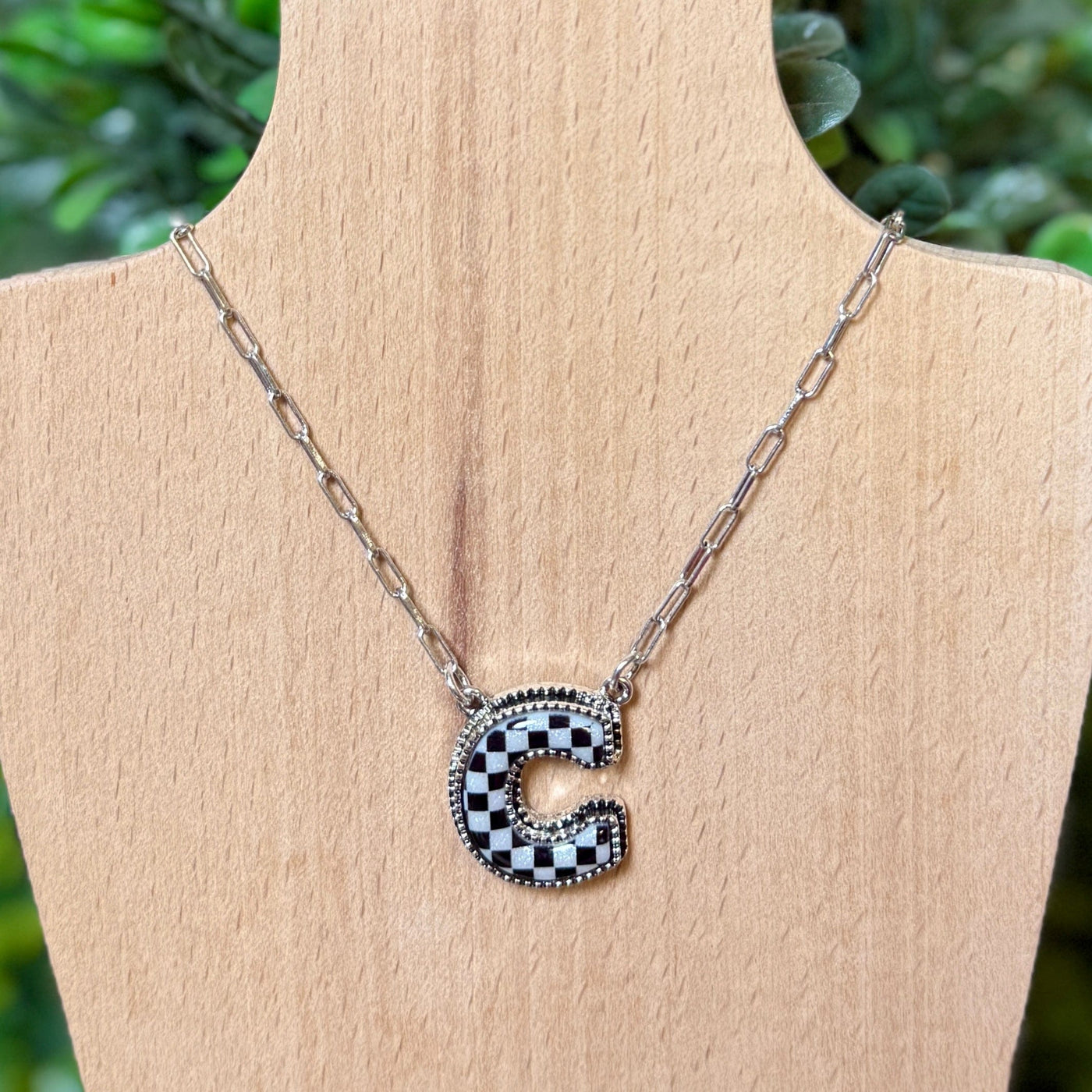 Black and White Checkered Initial Necklace Shabby Chic Boutique and Tanning Salon C