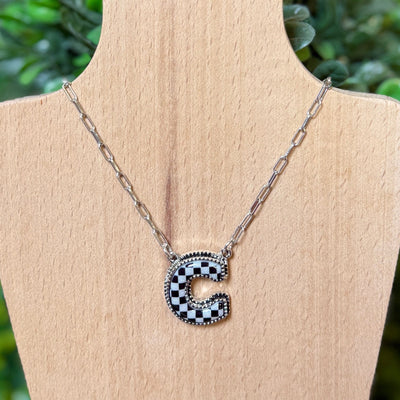Black and White Checkered Initial Necklace Shabby Chic Boutique and Tanning Salon C