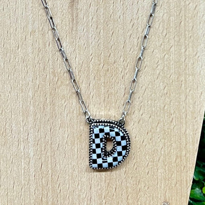 Black and White Checkered Initial Necklace Shabby Chic Boutique and Tanning Salon D