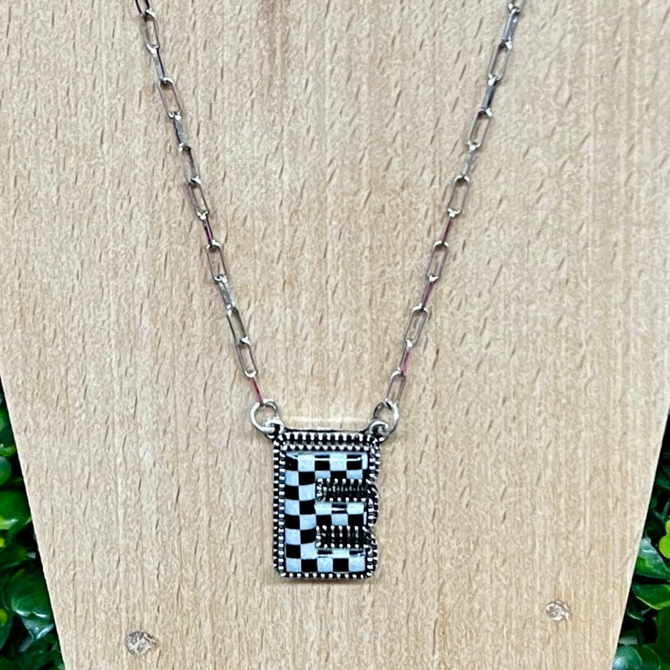 Black and White Checkered Initial Necklace Shabby Chic Boutique and Tanning Salon E