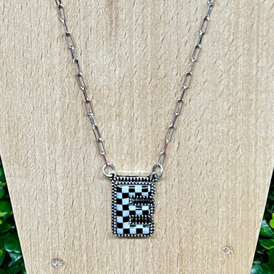 Black and White Checkered Initial Necklace Shabby Chic Boutique and Tanning Salon E