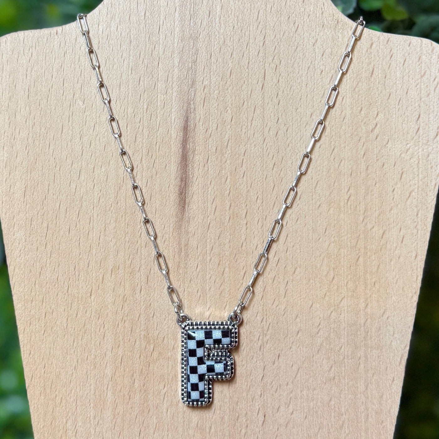 Black and White Checkered Initial Necklace Shabby Chic Boutique and Tanning Salon F