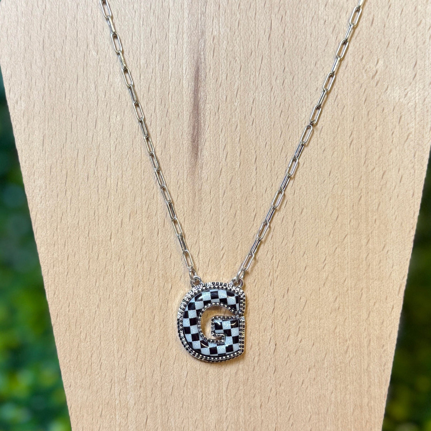 Black and White Checkered Initial Necklace Shabby Chic Boutique and Tanning Salon G