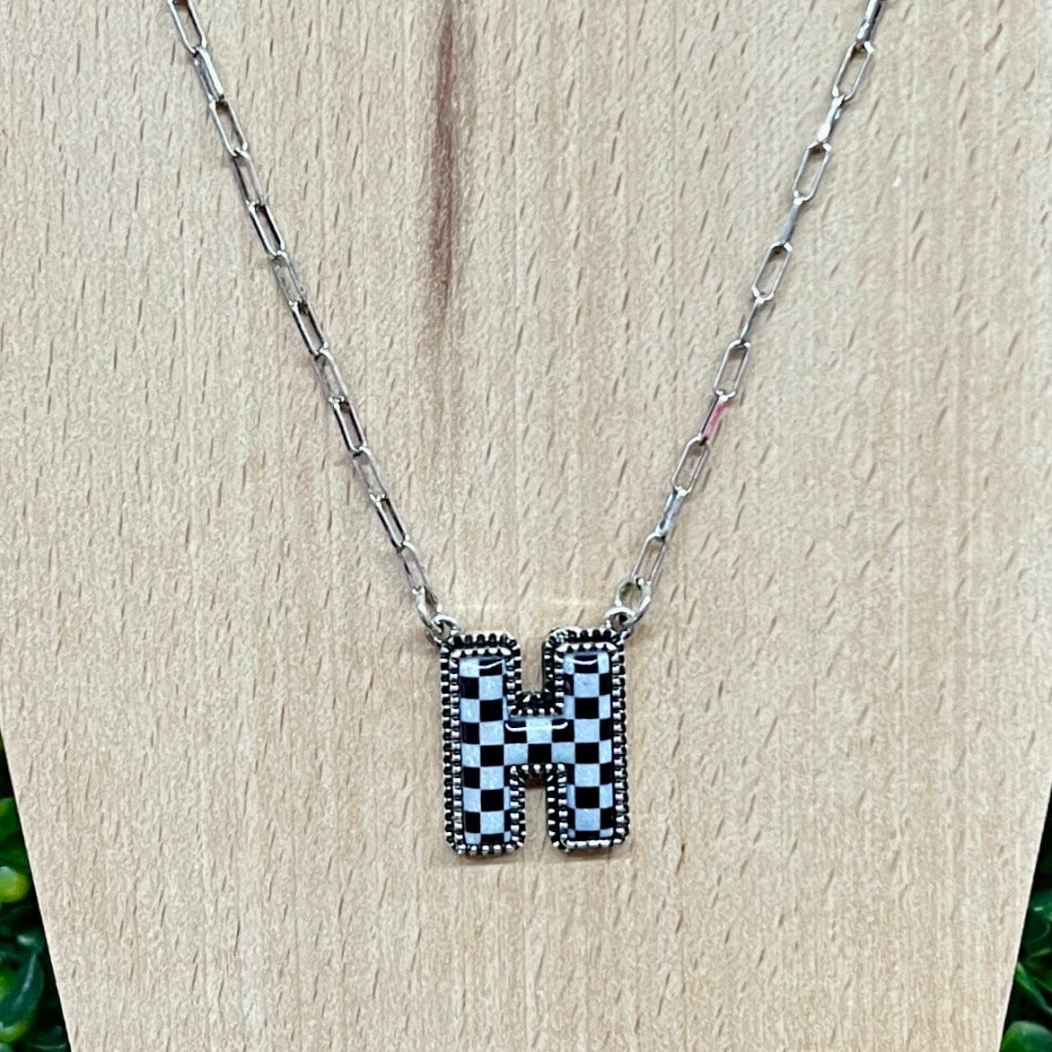 Black and White Checkered Initial Necklace Shabby Chic Boutique and Tanning Salon H