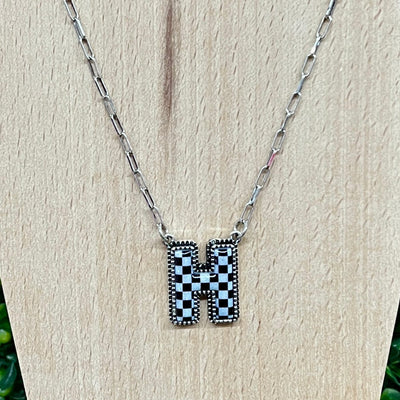 Black and White Checkered Initial Necklace Shabby Chic Boutique and Tanning Salon H