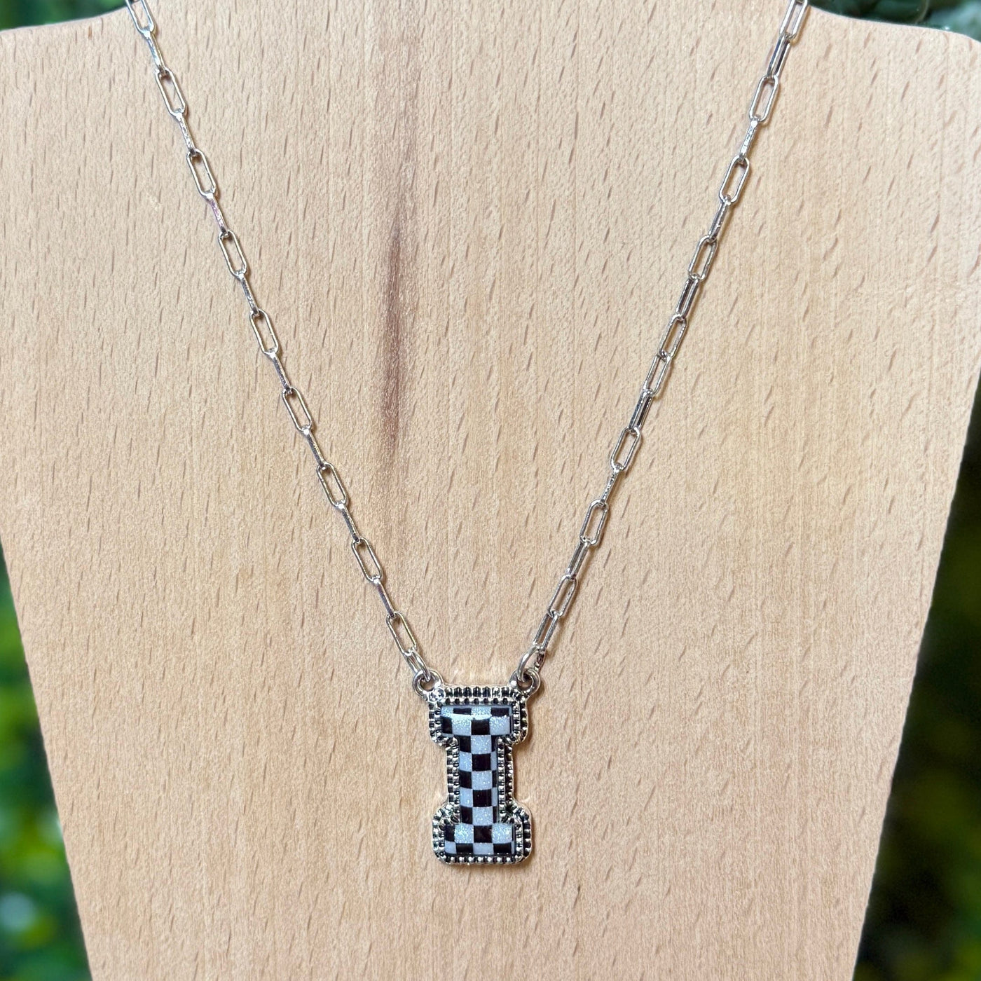Black and White Checkered Initial Necklace Shabby Chic Boutique and Tanning Salon I