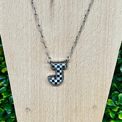 Black and White Checkered Initial Necklace Shabby Chic Boutique and Tanning Salon J