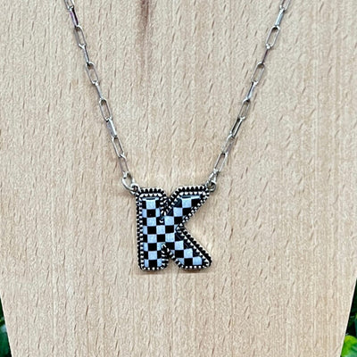 Black and White Checkered Initial Necklace Shabby Chic Boutique and Tanning Salon K