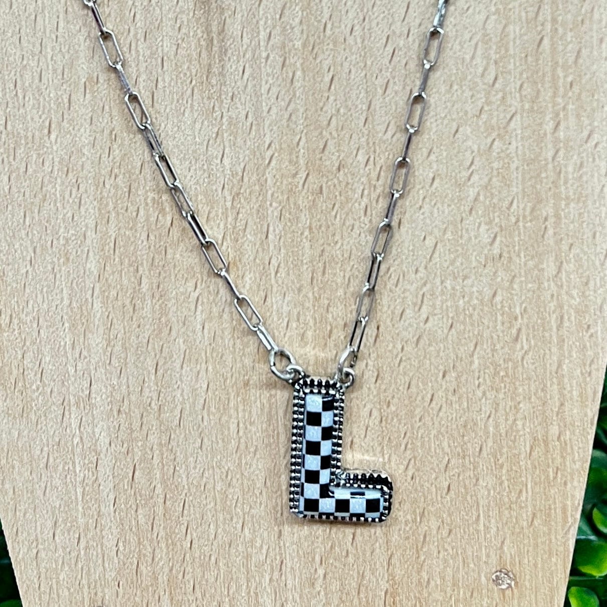 Black and White Checkered Initial Necklace Shabby Chic Boutique and Tanning Salon L