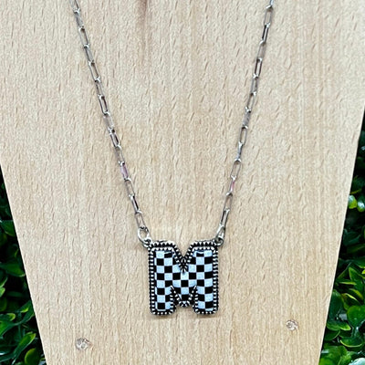 Black and White Checkered Initial Necklace Shabby Chic Boutique and Tanning Salon M