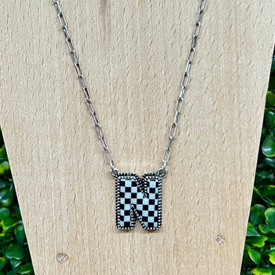 Black and White Checkered Initial Necklace Shabby Chic Boutique and Tanning Salon N