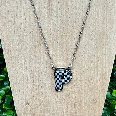 Black and White Checkered Initial Necklace Shabby Chic Boutique and Tanning Salon P
